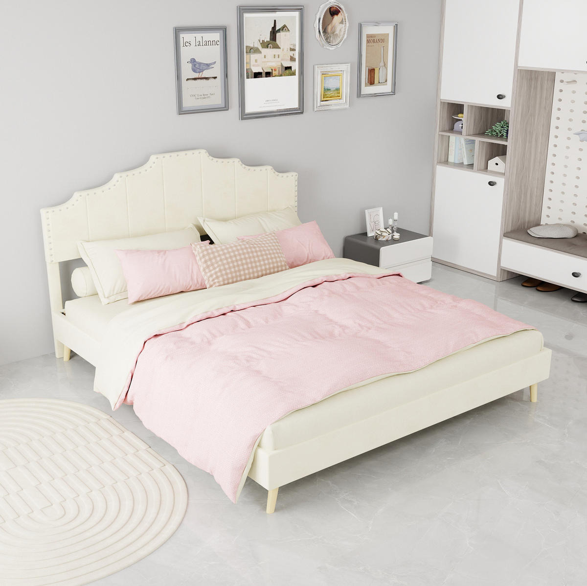 POLSTERBETT 160/200 cm mit geometrischem Kopfteil und Lattenrost, Beige - Beige, Textil (160/200cm) - Redom