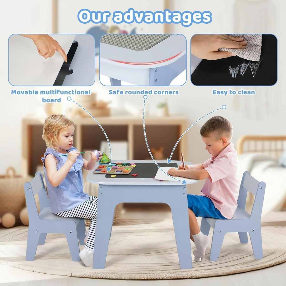 KINDERTISCH mit 2 Stühlen Set Blau - Hellblau, Holzwerkstoff (50/49/54cm)