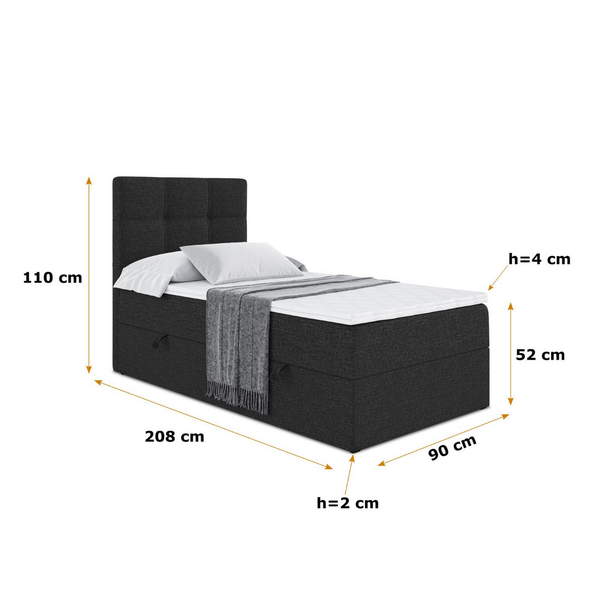 BOXBETT mit Matratze H3 und Lattenrost - MARCE - 90x200 - Links Schwarz - Schwarz, Holzwerkstoff (90/200cm) - ALTDECOR