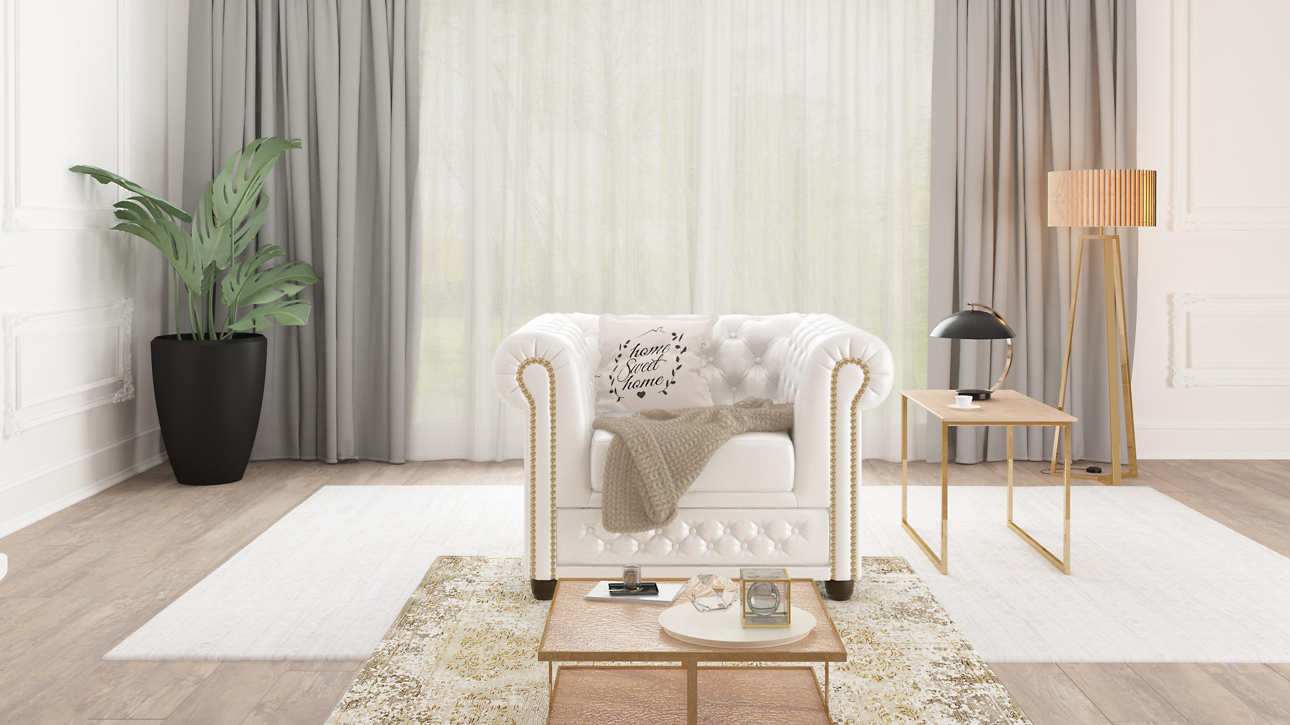 Thumbnail - S-Style Möbel Chesterfield-Sessel, Weiß, Textil, Echtholz,Birke, 1-Sitzer, Füllung: Silikon,Komfortschaum, 94x72x86 cm, ...