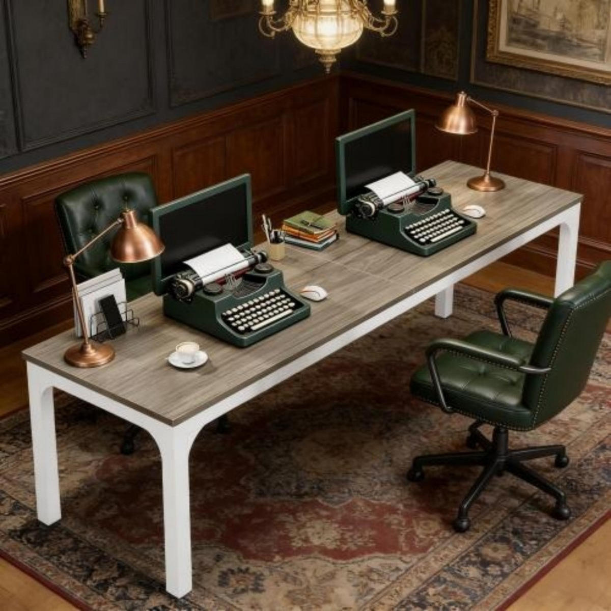 SCHREIBTISCH für 2 Personen 200 x 70 cm Metall Holz Taupe Weiß - Weiß, Metall (200/70/75cm) - Meubliv