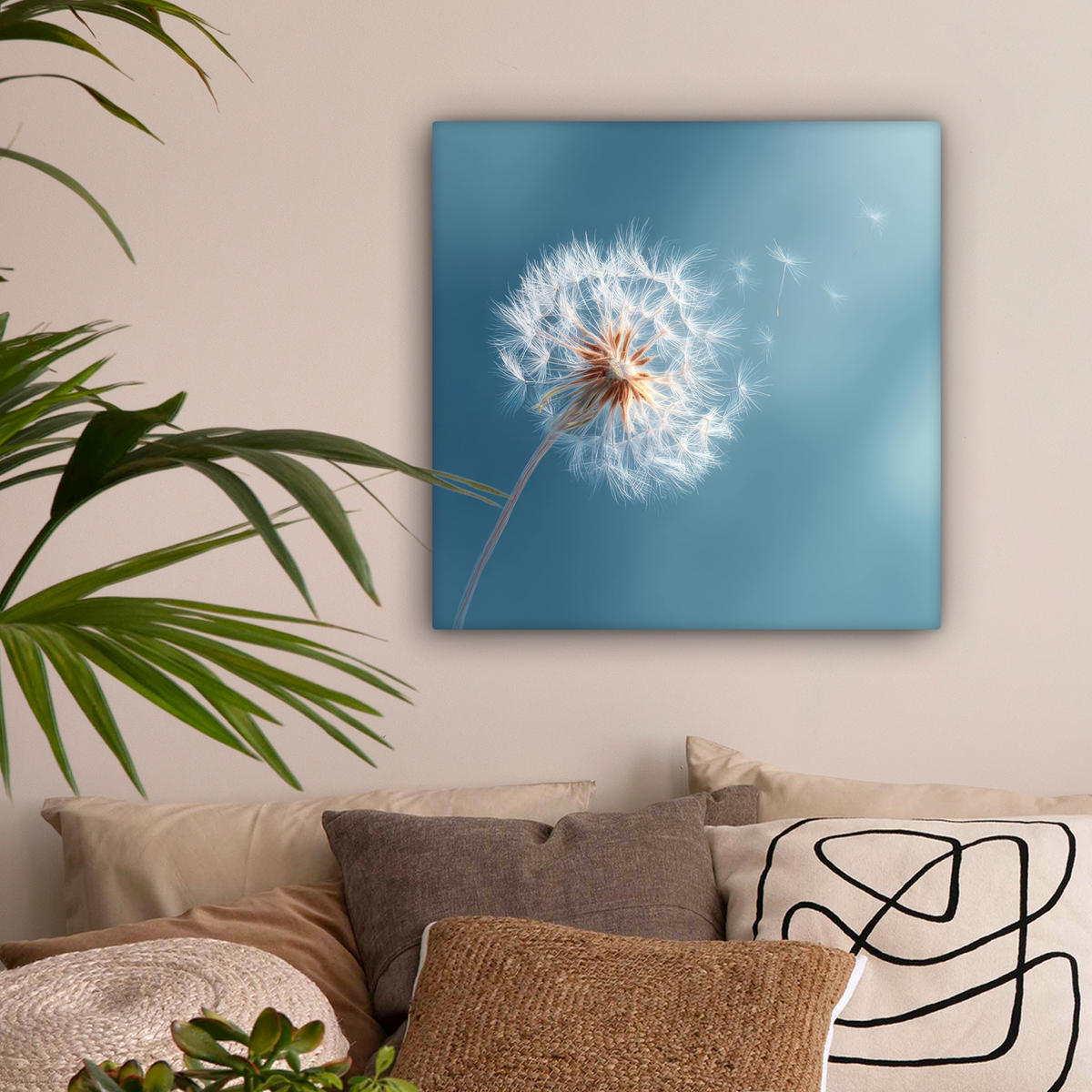 LEINWANDBILD Löwenzahn - Wind - Blau Wandbild Wohnzimmer 50x50 cm - Blaugrau, Textil (50/50cm) - MuchoWow