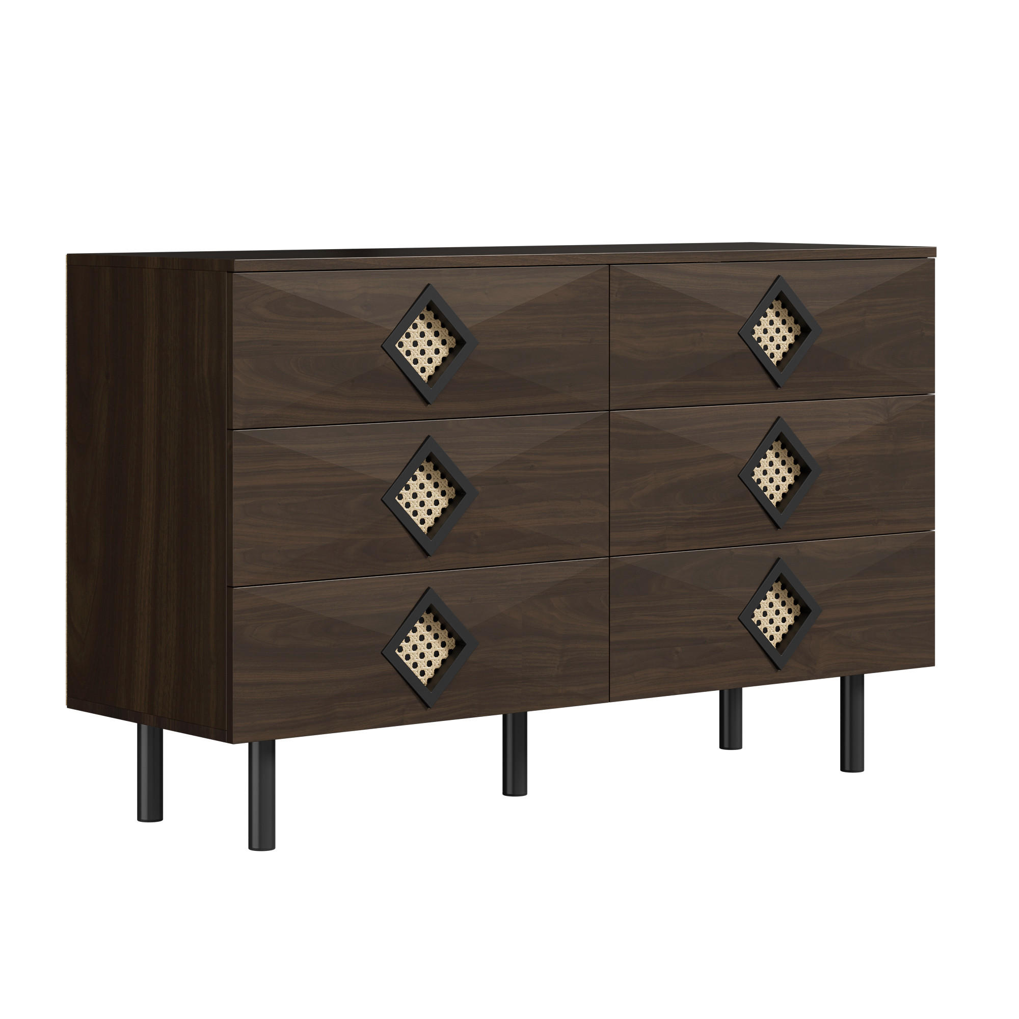 SIDEBOARD Walnuss mit 6 Schubladen & Rattan-Griffen Modern 120×40×74 cm - Walnussfarben, Holzwerkstoff (120/74/40cm) - Urban Meuble