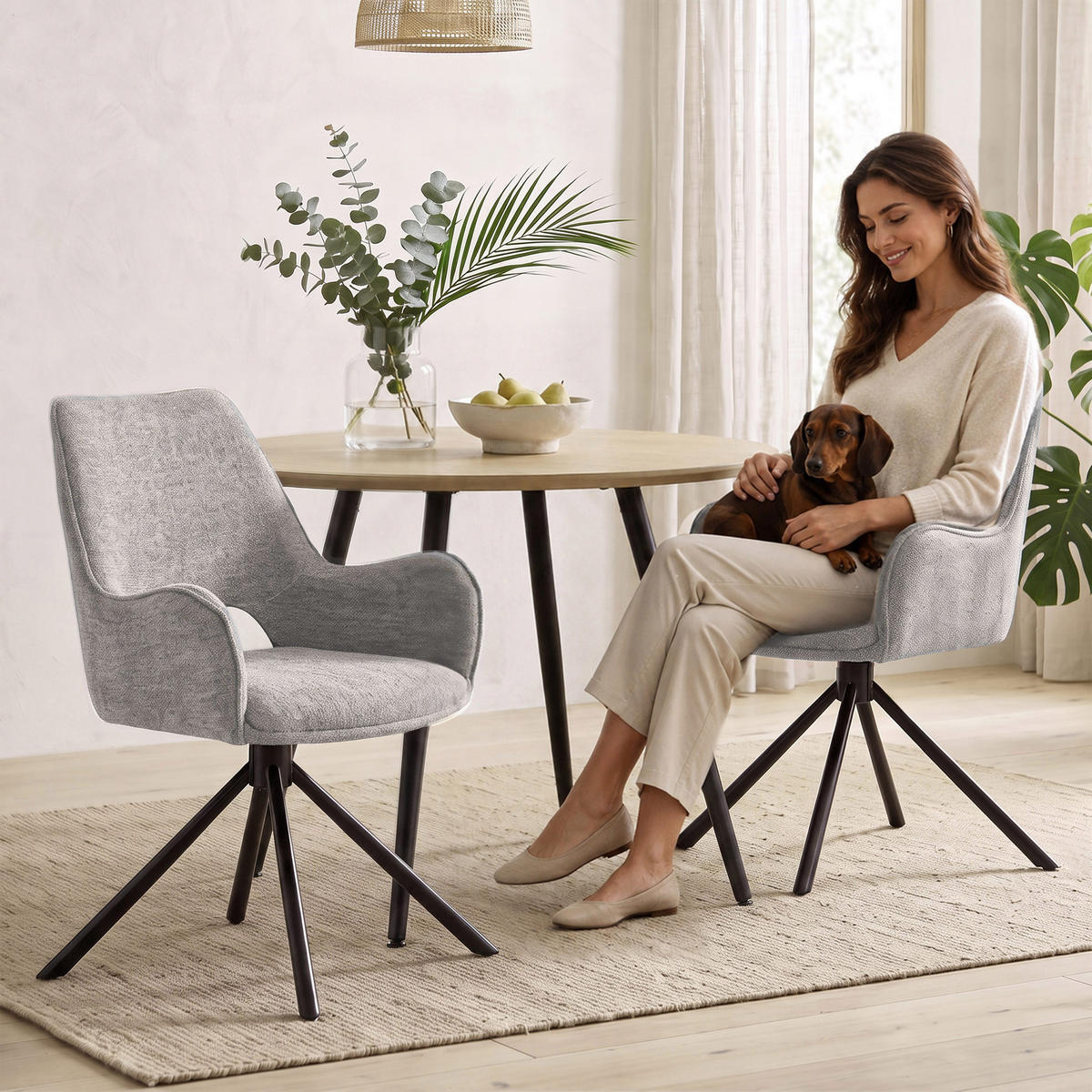 OTOČNÁ ŽIDLE Treo v látce bouclé s kovovými nohami, šedá - šedá/černá, kov (58/86/60cm) - Beautysofa