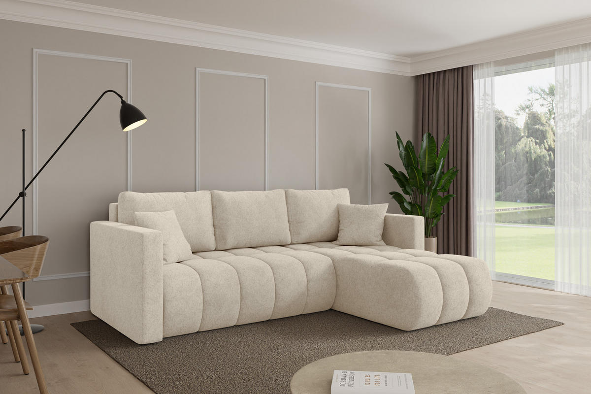 ROHOVÁ SEDAČKA s funkcí spaní, otoman vpravo GARD-L 226x146x85 krémová velur - černá/krémová, kompozitní dřevo/textil (226/146cm) - ALTDECOR