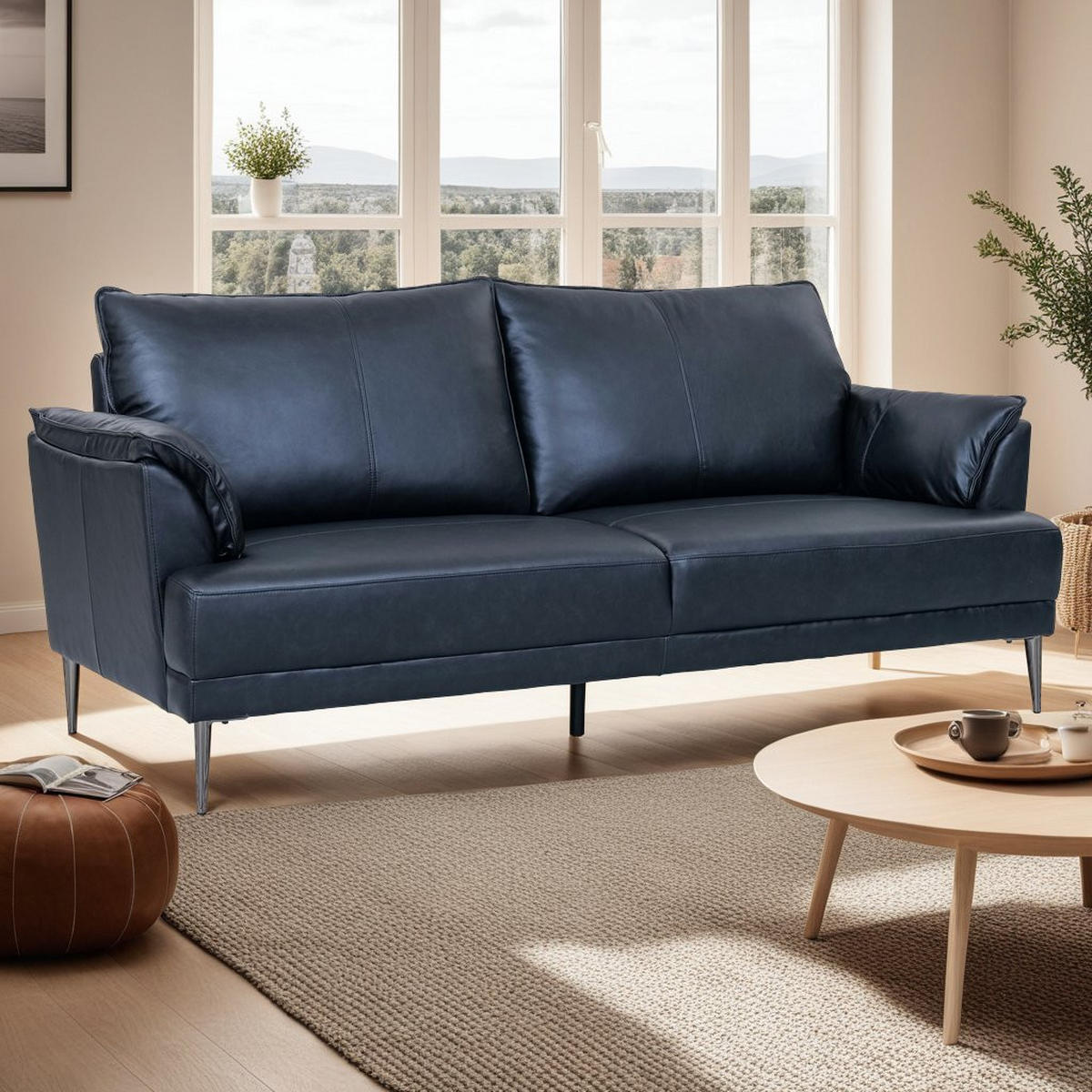 DREISITZER-SOFA Echtleder Schwarz - Schwarz, Leder/Metall (195/88/90cm) - Furnhouse