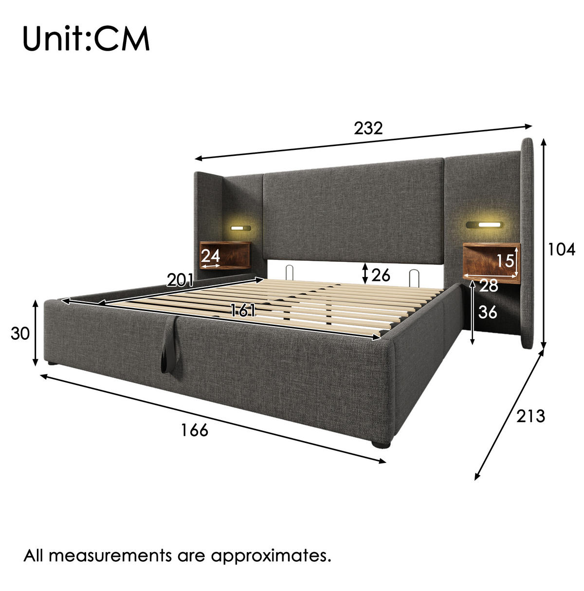 POLSTERBETT 160/200 cm mit Bettkasten, USB-C, Leselicht und Lattenrost in Grau - Grau, Textil (160/200cm) - BEAOK