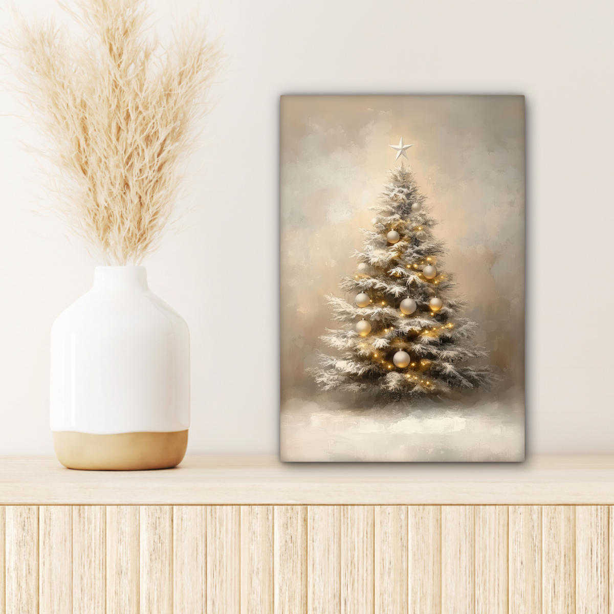 LEINWANDBILD Weihnachten - Weihnachtsbaum - Schnee - Kunst Deko Wohnzimmer 20x30 cm - Champagner, Textil (20/30cm) - MuchoWow