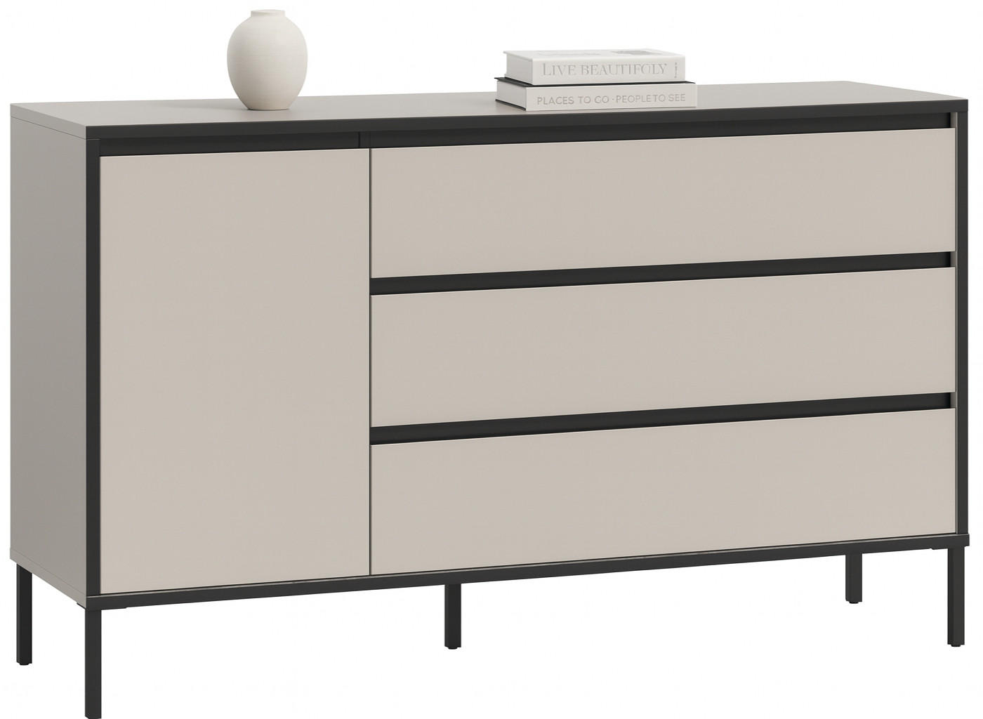 SIDEBOARD Sand / Kaschmir mit Schwarz, Kommode mit 3 Vollauszug-Schubkästen 163 x 83 cm - Sandfarben/Kaschmir, Holzwerkstoff/Metall (136/83/38cm) - Inn.Furn