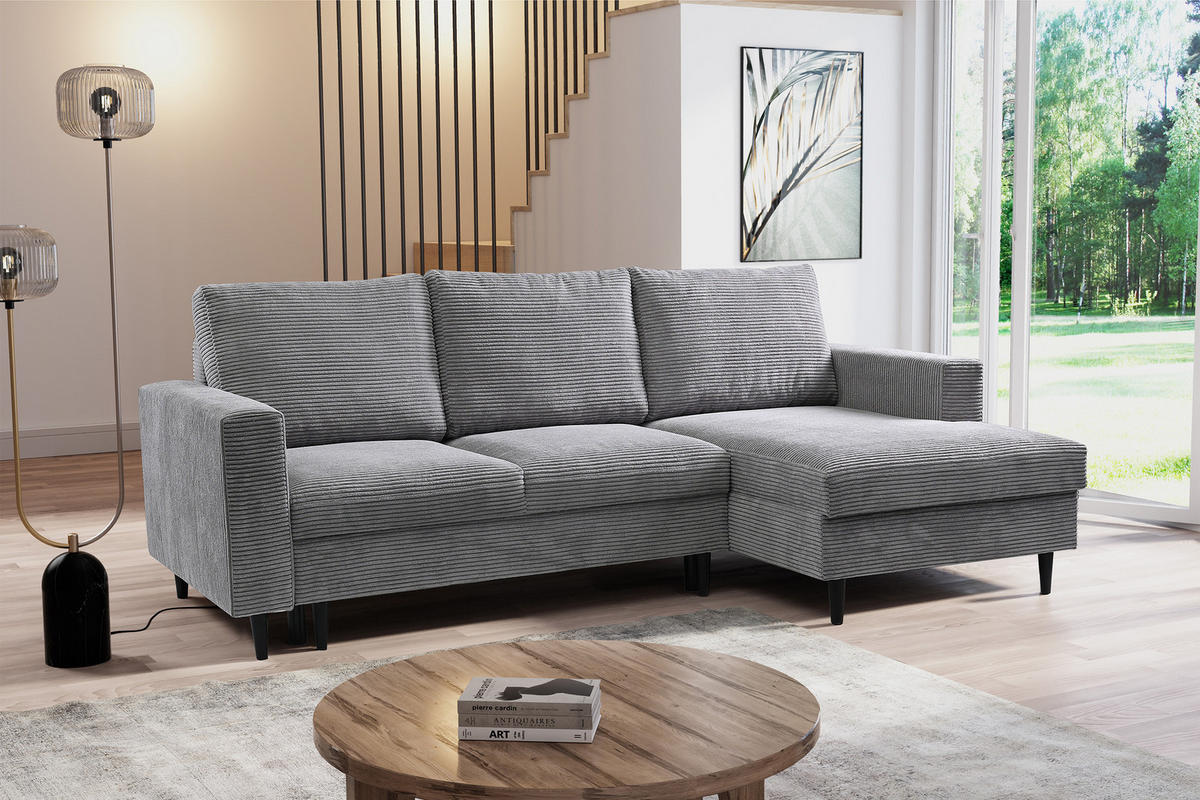 ECKSOFA Nalika Hellgrau mit Cordbezug - Hellgrau/Schwarz, Holz/Textil (230/143cm) - Selsey