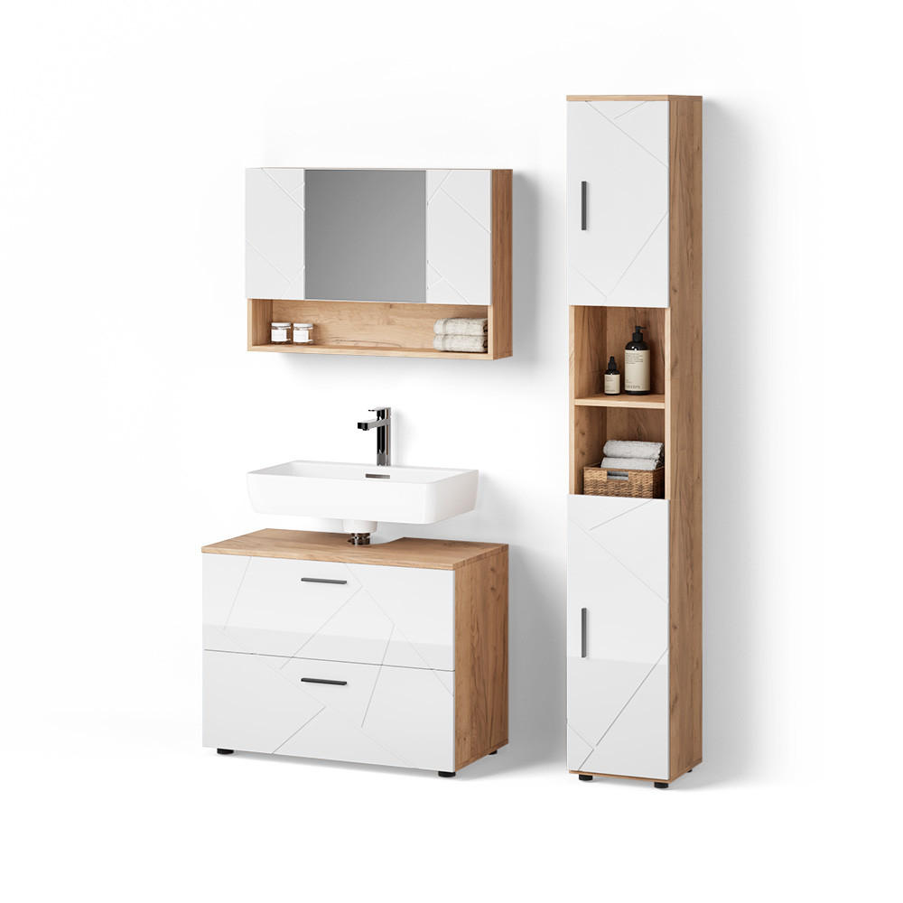 Livinity® KOUPELNOVÝ NÁBYTEK Ronco, Bílá vysoký lesk/Zlatý mocný dub, 3dílná