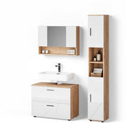 BADMÖBEL-SET Ronco Weiß Hochglanz/Goldkraft Eiche 3 Teile, mit Spiegelschrank 80 cm - Honigeiche/Weiß Hochglanz, Holzwerkstoff (80/58/41cm) - Livinity®