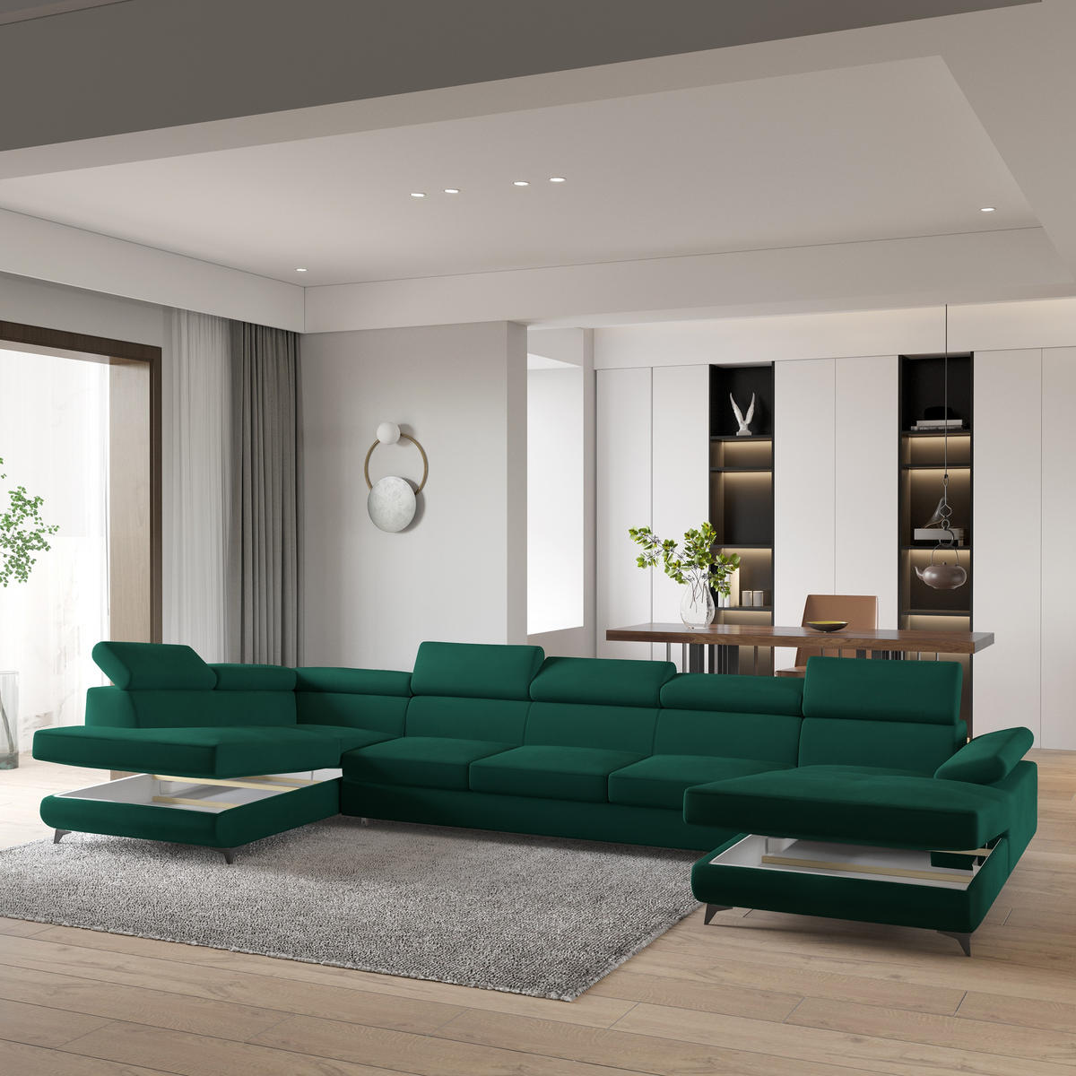 WOHNLANDSCHAFT MONTIVA Grün Velours-Stoff mit Schlaffunktion - Grün, Holz (410/89/190cm) - MASSENO