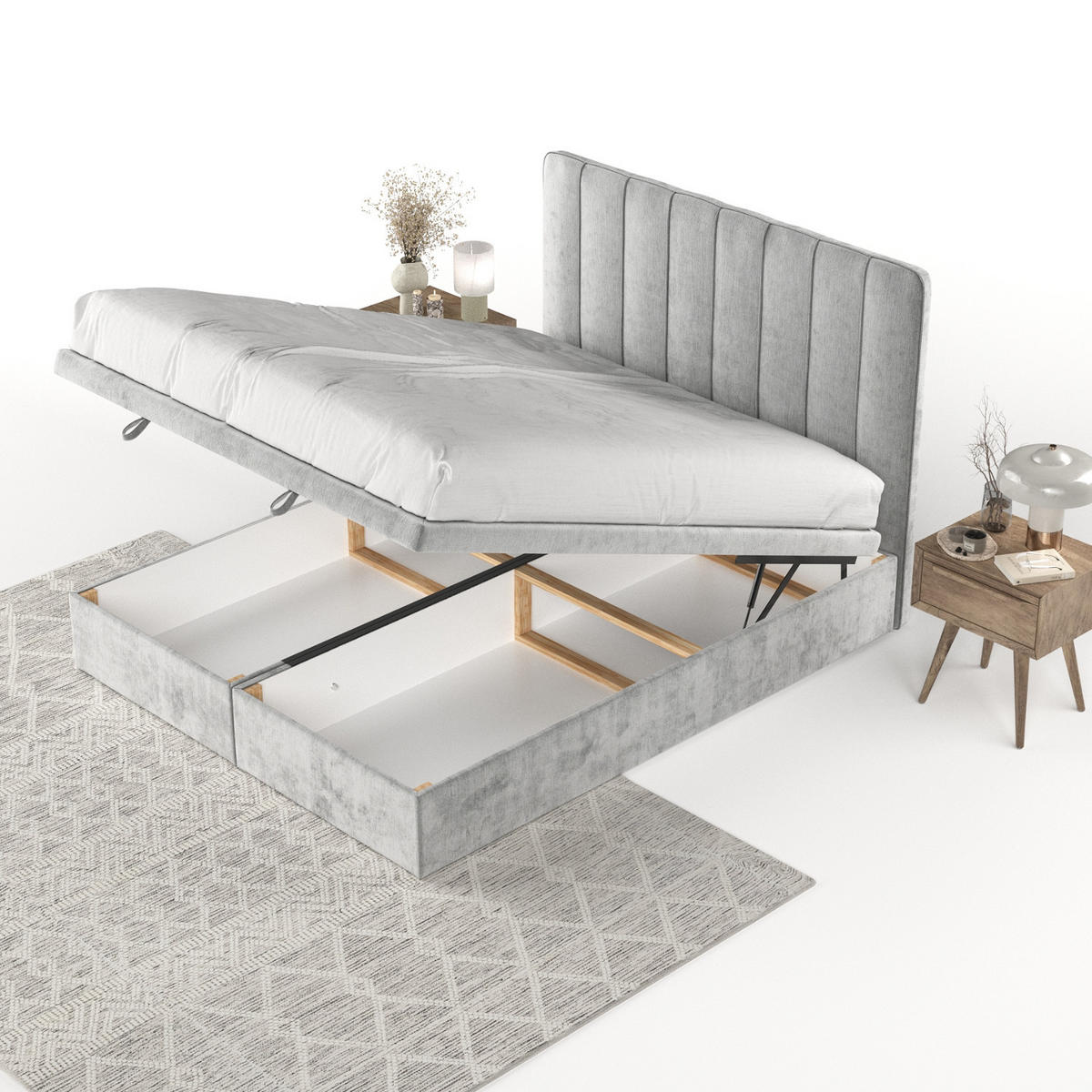 POLSTERBETT Vienna mit Stauraum 200/200 cm Hellgrau im Lotta Stoff - Hellgrau/Schwarz, Holz/Holzwerkstoff (200/200cm) - AltaBeds