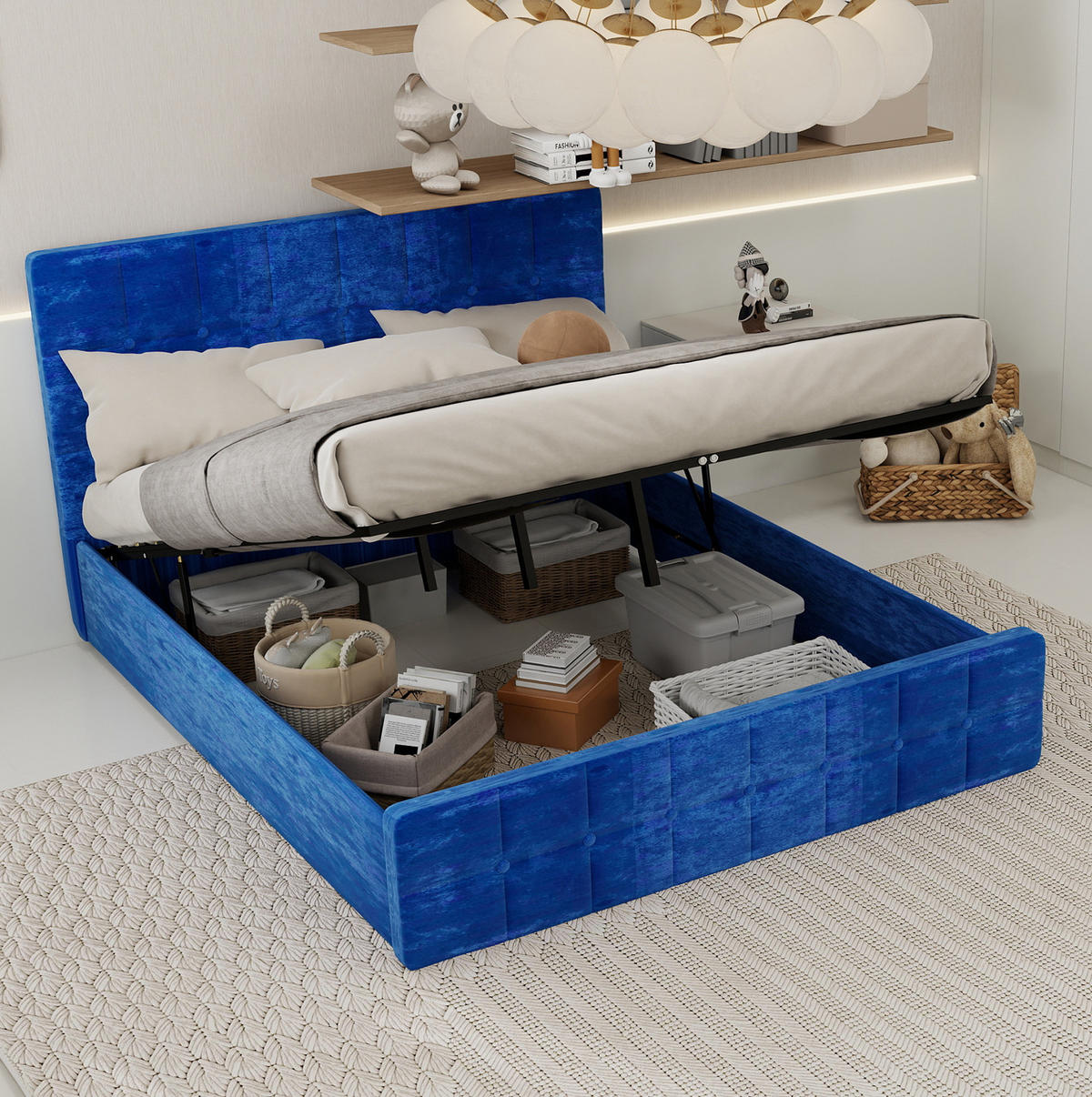 POLSTERBETT 160/200 cm mit gepolstertem Kopfteil und Flanellbezug in Samtoptik, Blau - Blau, Textil (160/200cm) - Redom