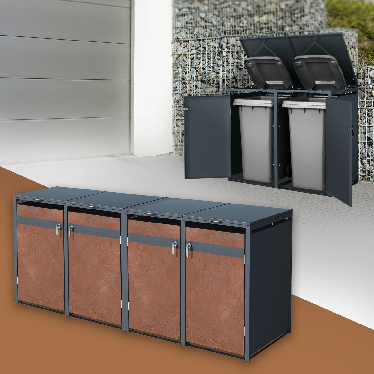MÜLLTONNENBOX 4er Anthrazit-Rostoptik - Rotbraun, Metall (80/116.3/264cm) - ML-DESIGN