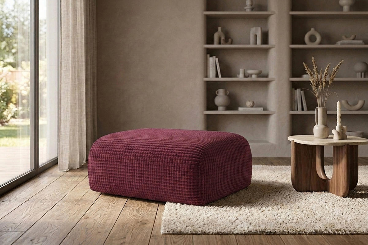 HOCKER, Sitzhocker, Chenille-Stoff Cremona, Rotwein, GRETA - Weinrot, Holz (91/40/89cm) - Kaiser Möbel