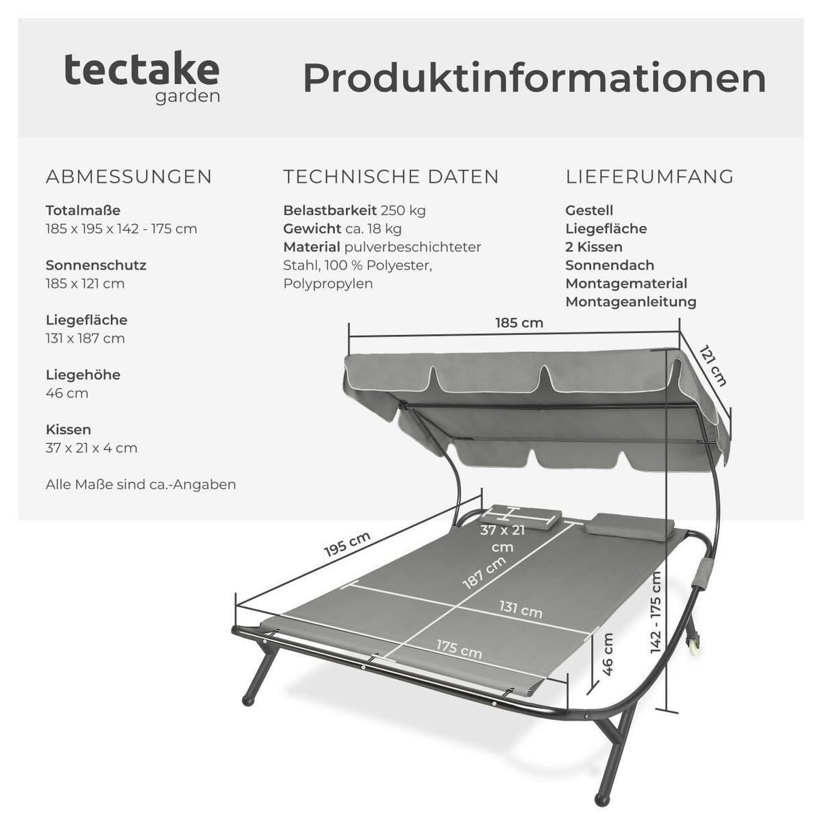 GARTENLIEGE Livorno, 215 x 183 x 150 cm, schwarz/grau - Schwarz/Grau, Kunststoff (185/175/195cm) - tectake