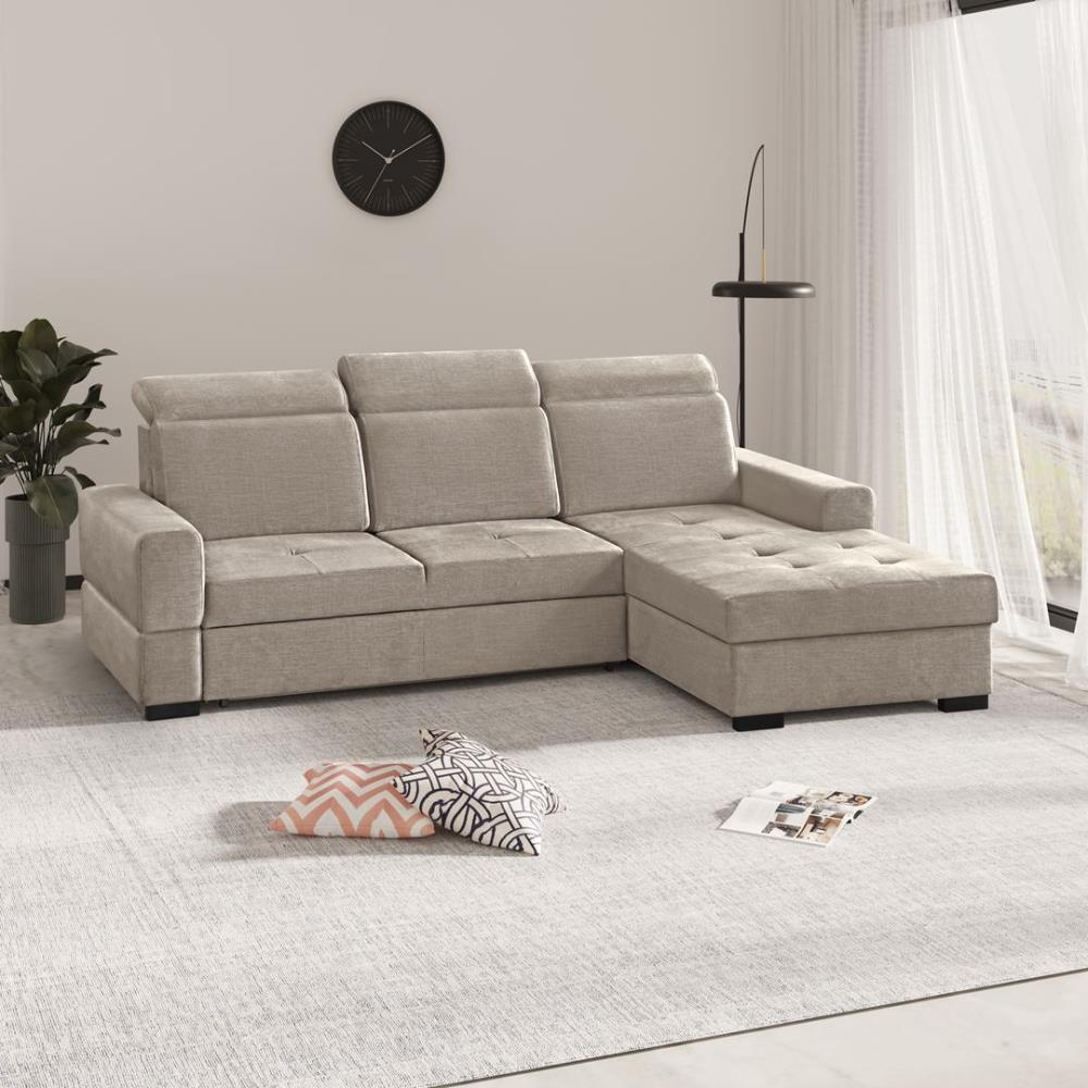 ECKSCHLAFSOFA Alex Mini hellbraun rechts - Hellbraun/Schwarz, Textil (245/185cm) - Beautysofa