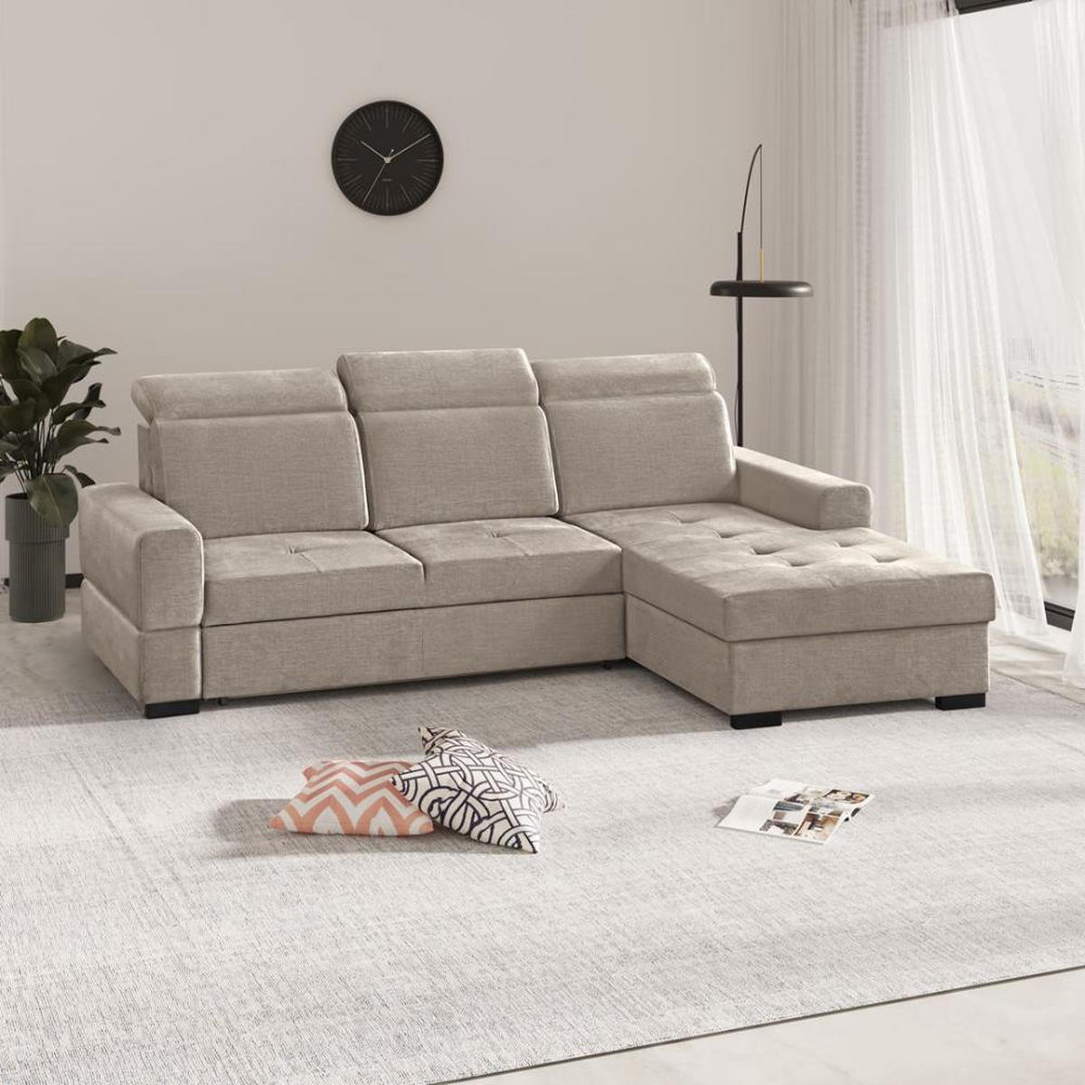 ECKSCHLAFSOFA Alex Mini hellbraun rechts - Hellbraun/Schwarz, Textil (245/185cm) - Beautysofa