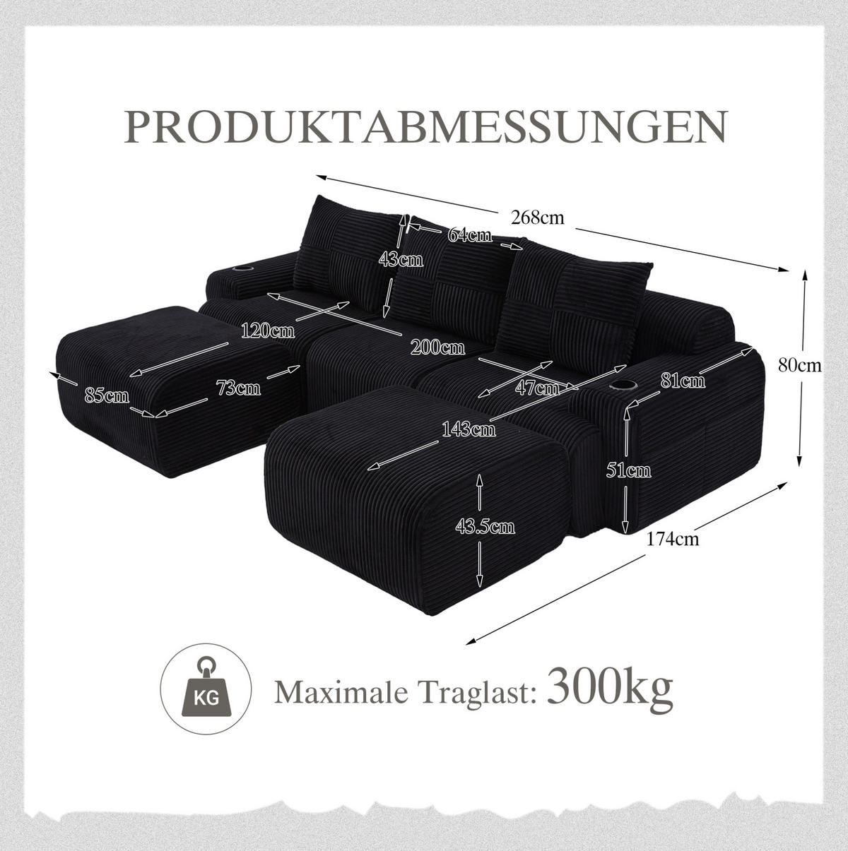 WOHNLANDSCHAFT 268/174/66 cm in Schwarz, modular mit 2 Hockern und Cupholder - Schwarz, Textil (174/80/268cm) - Flora Grace