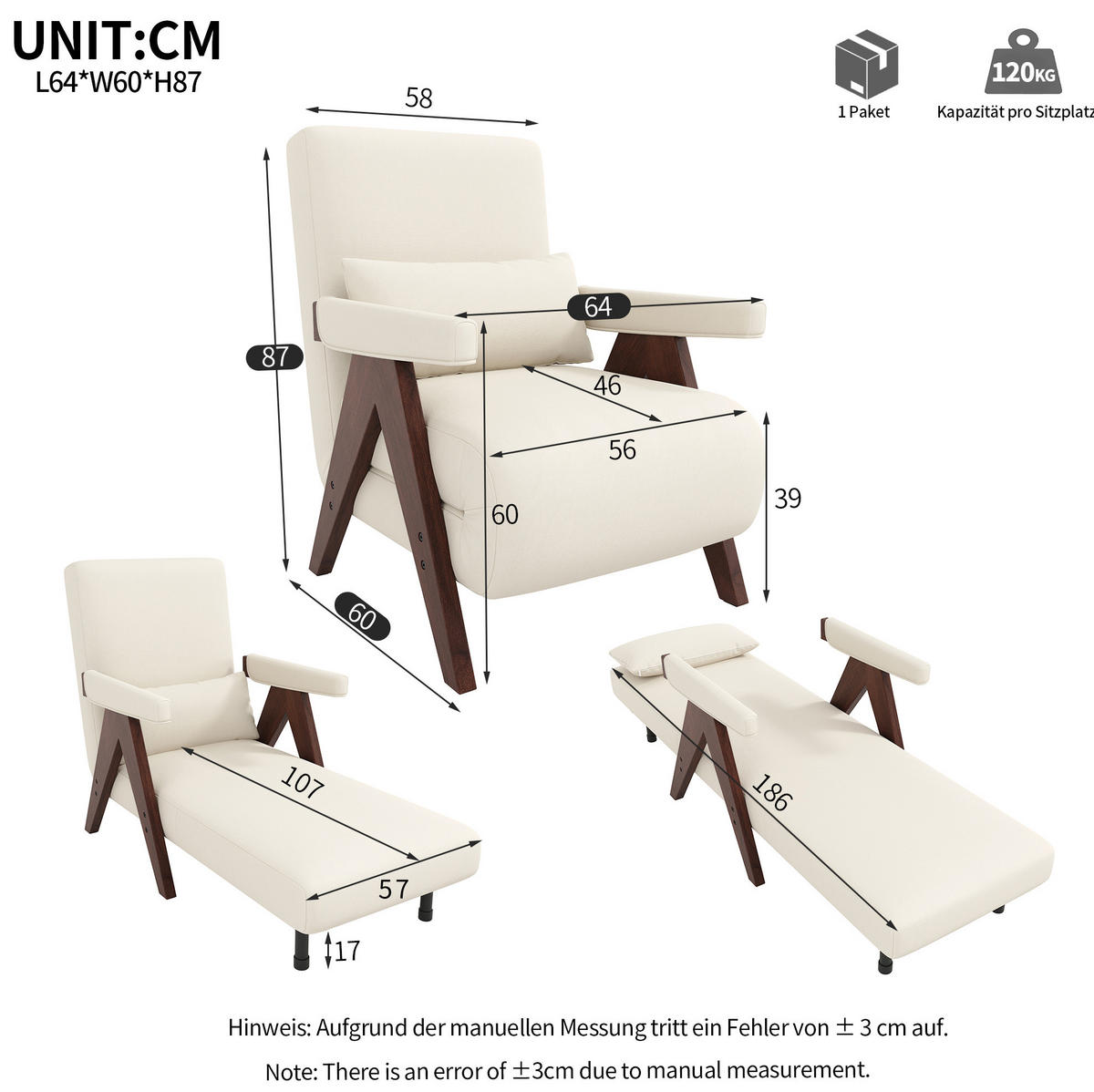 KLAPPSESSEL Leinenstoff 3-in-1 mit 6-fach verstellbarer Rückenlehne 87/64/60 cm Dunkelbraun - Dunkelbraun, Textil (87/64/60cm) - Redom