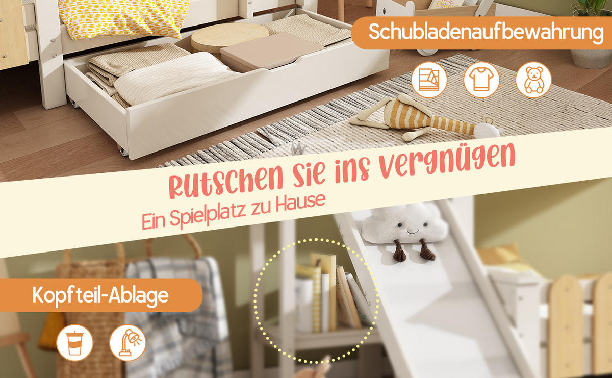 ETAGENBETT 90/200 cm & 140/200 cm in Weiß & Natur mit Rutsche, Leiter und Schublade - Weiß, Holz/Holzwerkstoff (90/200cm) - CHICFURN
