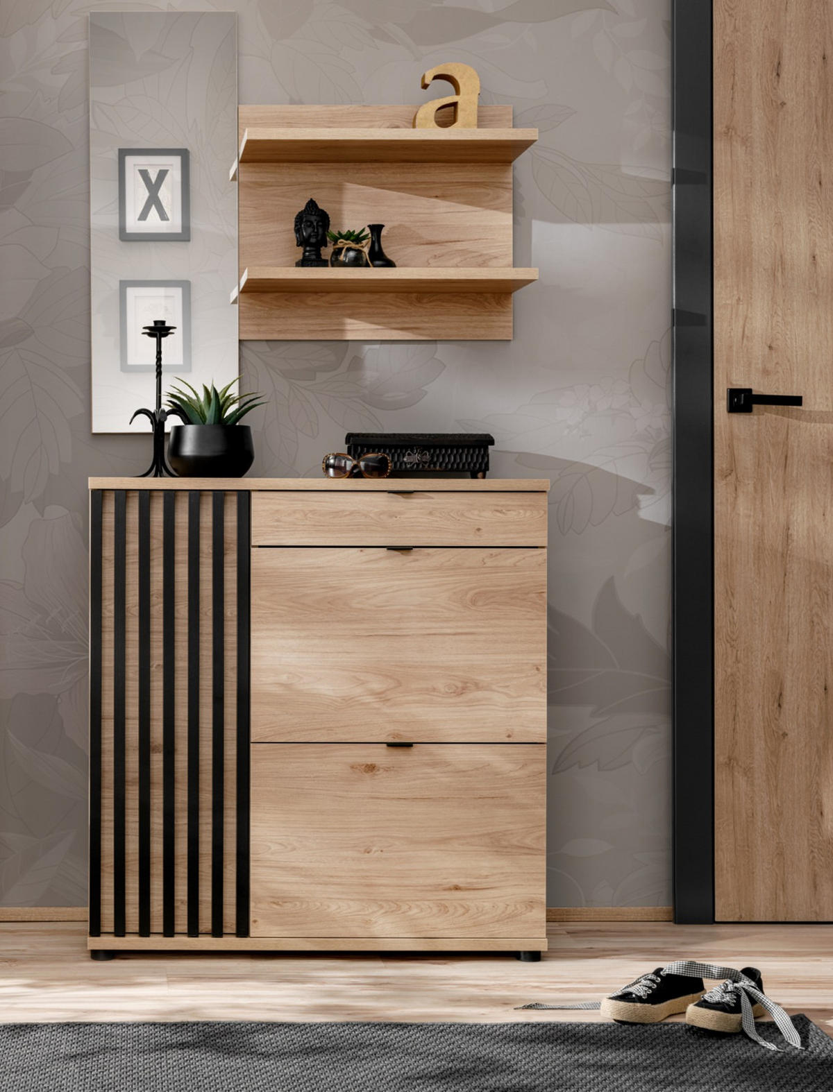 SCHUHSCHRANK Eiche Jackson, schwarz 90 cm, Schuhkommode mit Kippern - Eichefarben/Schwarz, Holzwerkstoff/Kunststoff (90/94/35cm) - Furn.Design