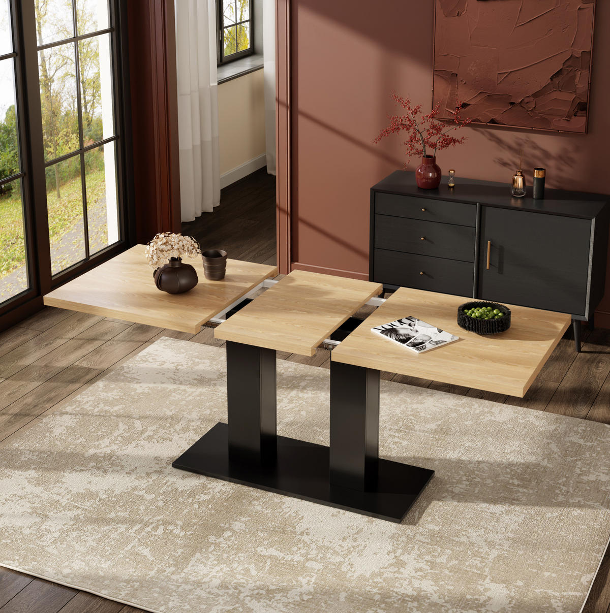 ESSTISCH 140/180/70 cm aus MDF mit Ausziehfunktion und 30 mm Tischplatte, Natur - Hellbraun/Schwarz, Holzwerkstoff (180/70/75cm) - Redom