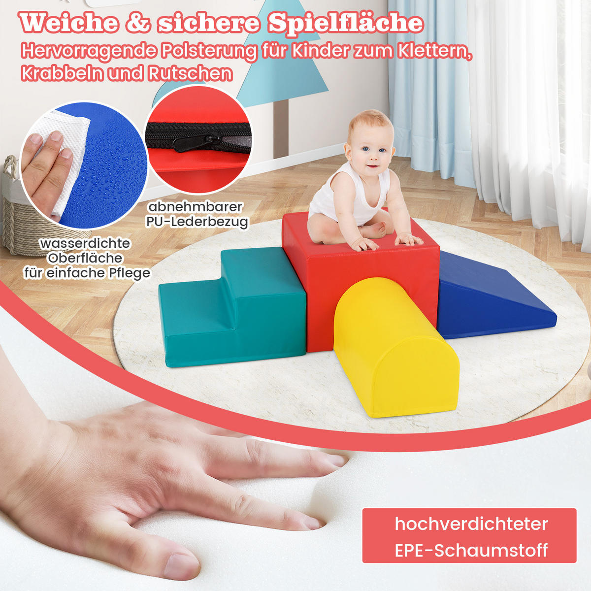 SCHAUMSTOFFBLOCK Rot (4-teilig) - Rot, Leder (50/38/50cm) - COSTWAY