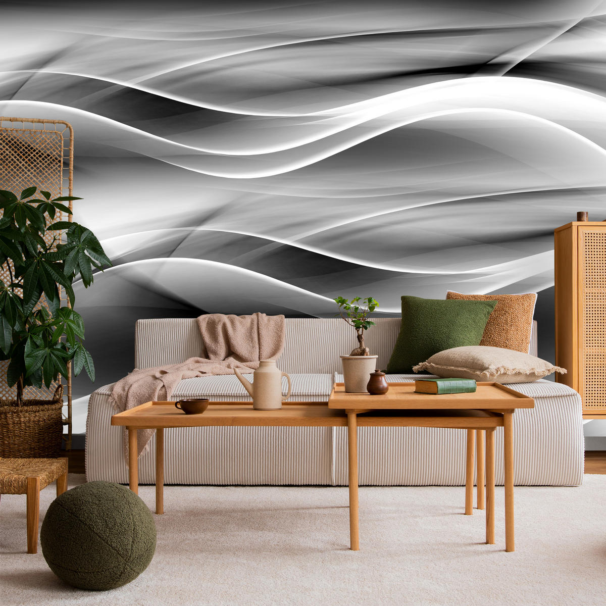 FOTOTAPETE für Badezimmer Abstrakte Monochrom Wellen Modern 100x70 - Schwarz/Weiß, Papier (100/70cm) - Muralo