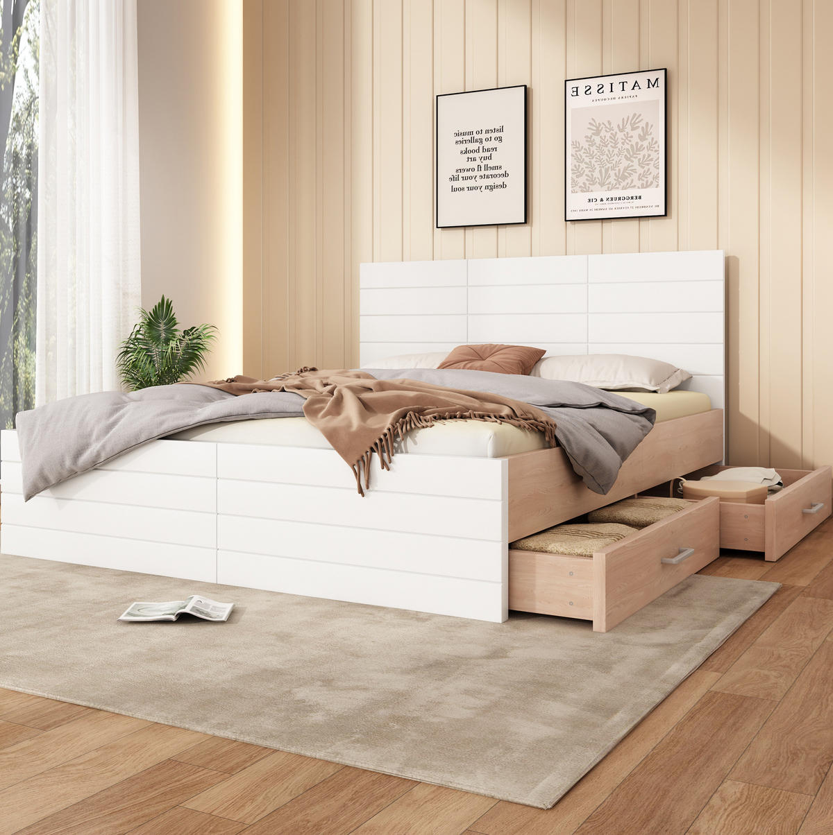 POLSTERBETT aus Massivholz & MDF 160x200 cm in Weiß mit 2 Schubladen & Matratze - Weiß, Holzwerkstoff (160/200cm) - Modfu