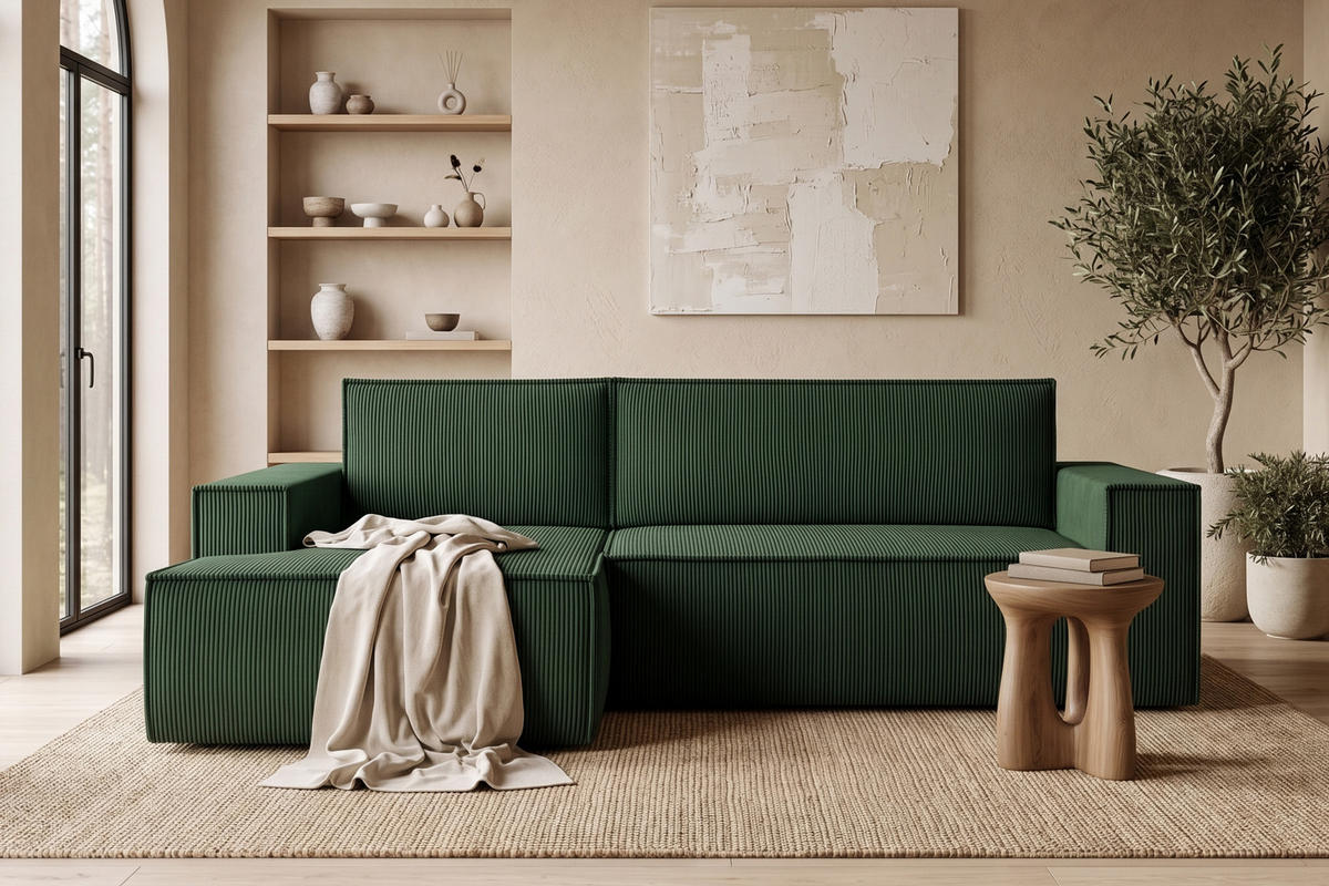 ECKSCHLAFSOFA-LINKS NAPI in Pet Friendly Cord-Stoff, dunkelgrün - Dunkelgrün/Schwarz, Textil (262/148cm) - KONSIMO®