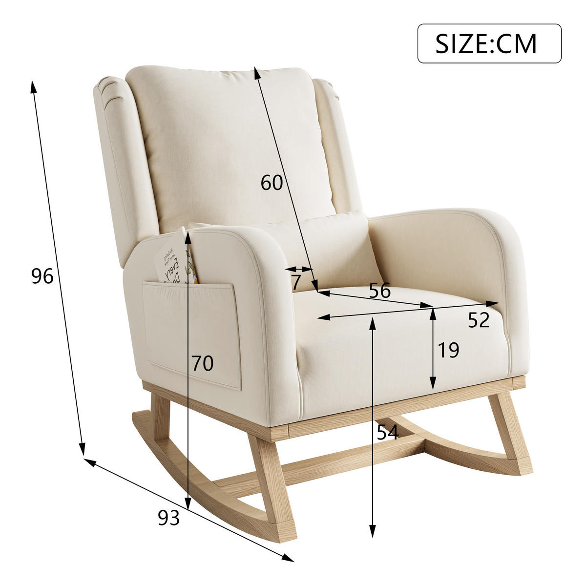 SCHAUKELSTUHL BEIGE LEINEN KISSEN SEITENTASCHEN STABILITÄT - Beige, Holzwerkstoff (93/96/52cm) - SHOPENTRA