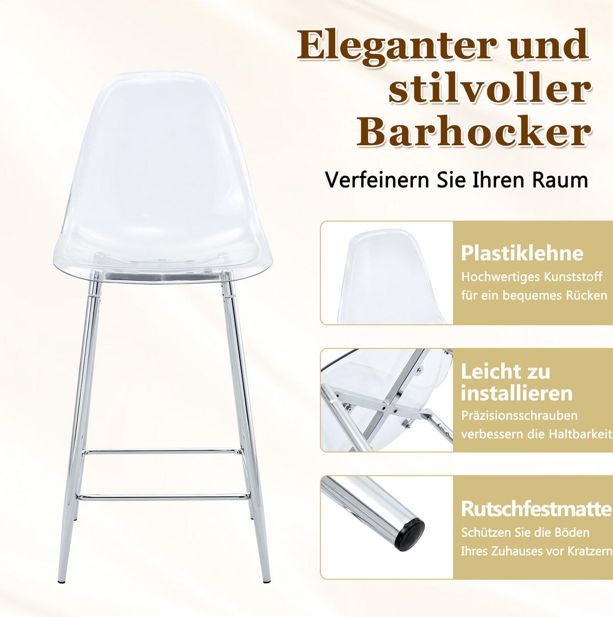 BARHOCKER mit transparenter Sitzschale und Metallgestell, Silberfarben - Silberfarben, Kunststoff (45/102/51cm) - MIVRAY