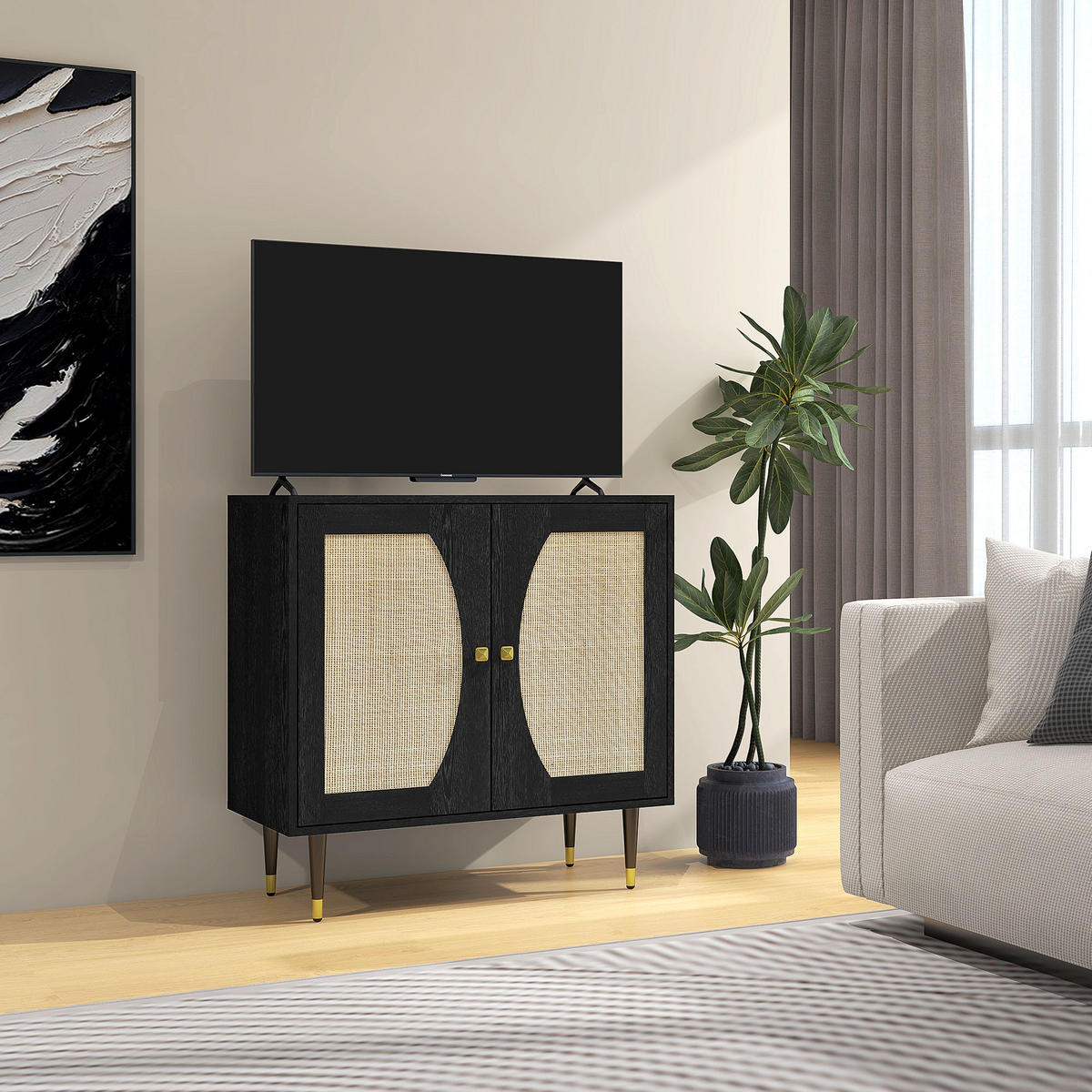 SIDEBOARD DE-11084 Boho-Design mit 2 Türen & Rattan-Front Schwarz - Schwarz, Holzwerkstoff (80/79/38cm) - ComfortXL