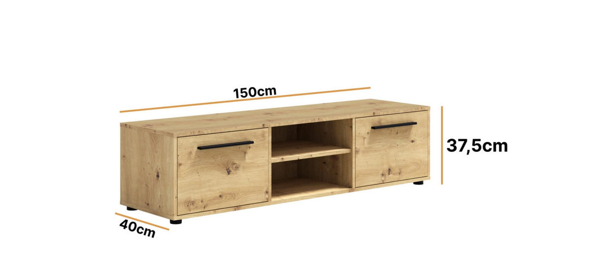 TV-SCHRANK Modena 150cm in der Farbe Eiche Artisan - Schwarz/Eiche Artisan, Holzwerkstoff/Kunststoff (150/38/40cm) - Ravio