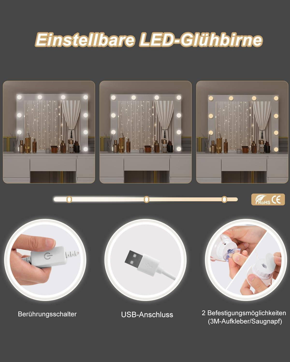 SCHMINKTISCH mit LED-Beleuchtung Weiß - Weiß, Glas/Holzwerkstoff (110/140.5/39.5cm) - Woltu