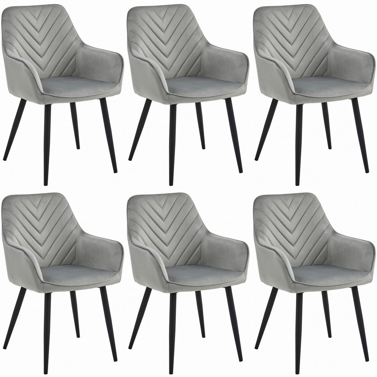 STUHL NEMI 6-er Set, Silbergrau, Schwarz, mit Samtstoff gepolstert - Hellgrau, Textil/Metall (54/84/61cm) - Komodee