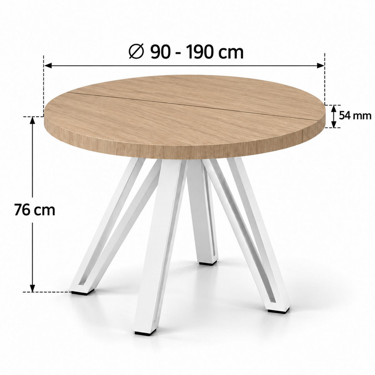 ESSTISCH rund ausziehbar 90/190/76 cm, Hellbraun Eiche Hikora Egger Natur, 54 cm Tischplatte + Industrial-Metallgestell Weiß - Hellbraun/Weiß, Holzwerkstoff/Metall (90/190/76cm) - Damale Möbel