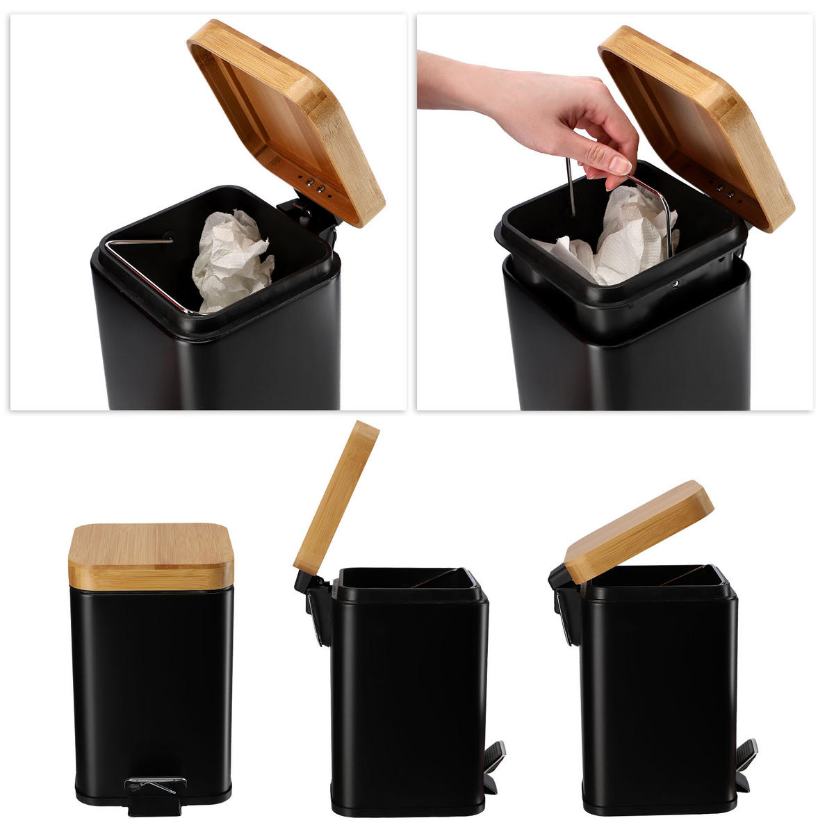 PAPIERKORB mit Bambusdeckel 3L, schwarz - Schwarz, Metall (16/21cm) - KADAX
