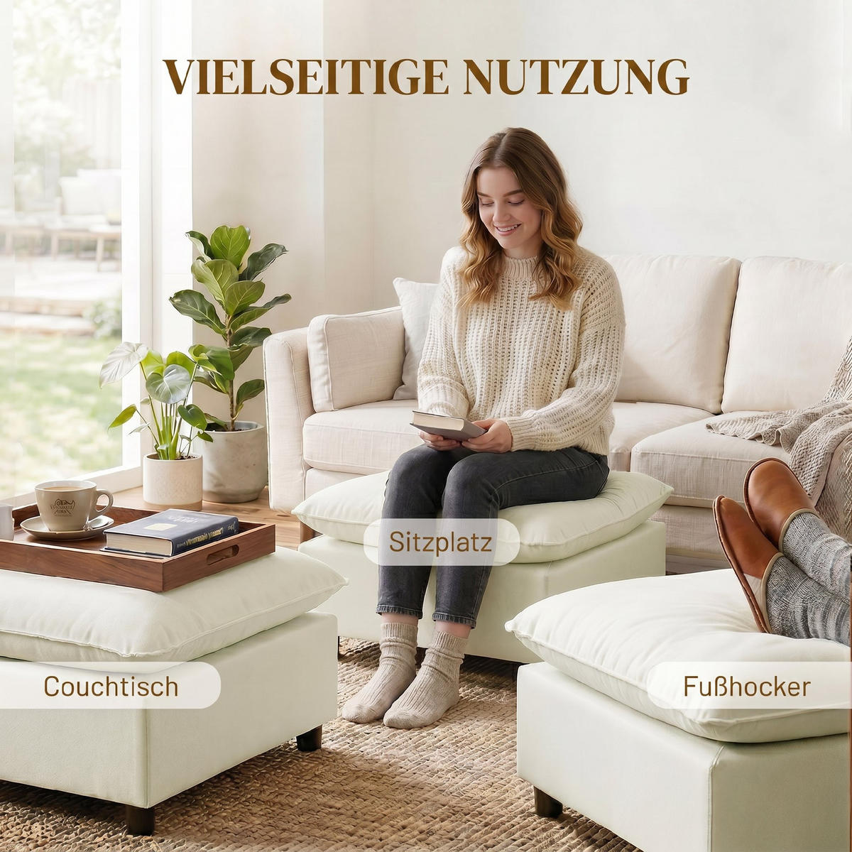 FUSSHOCKER Polyester Cremeweiß - Creme/Schwarz, Holzwerkstoff/Kunststoff (75/40/75cm) - HOMCOM