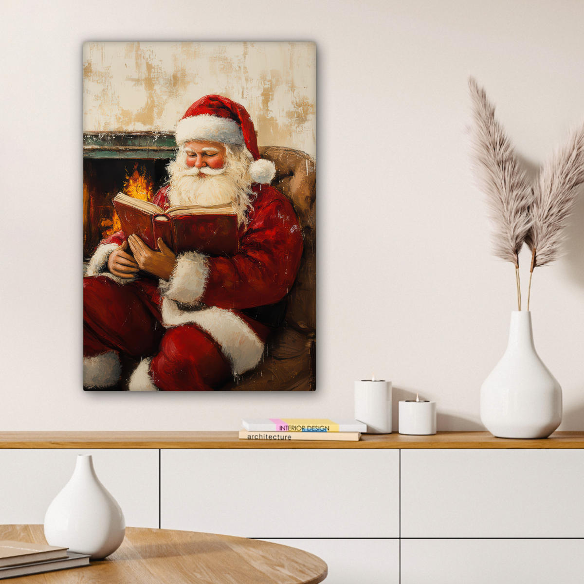 LEINWANDBILD Weihnachten - Weihnachtsmann - Winter - Open Fireside 60x90 cm - Dunkelrot, Textil (60/90cm) - MuchoWow