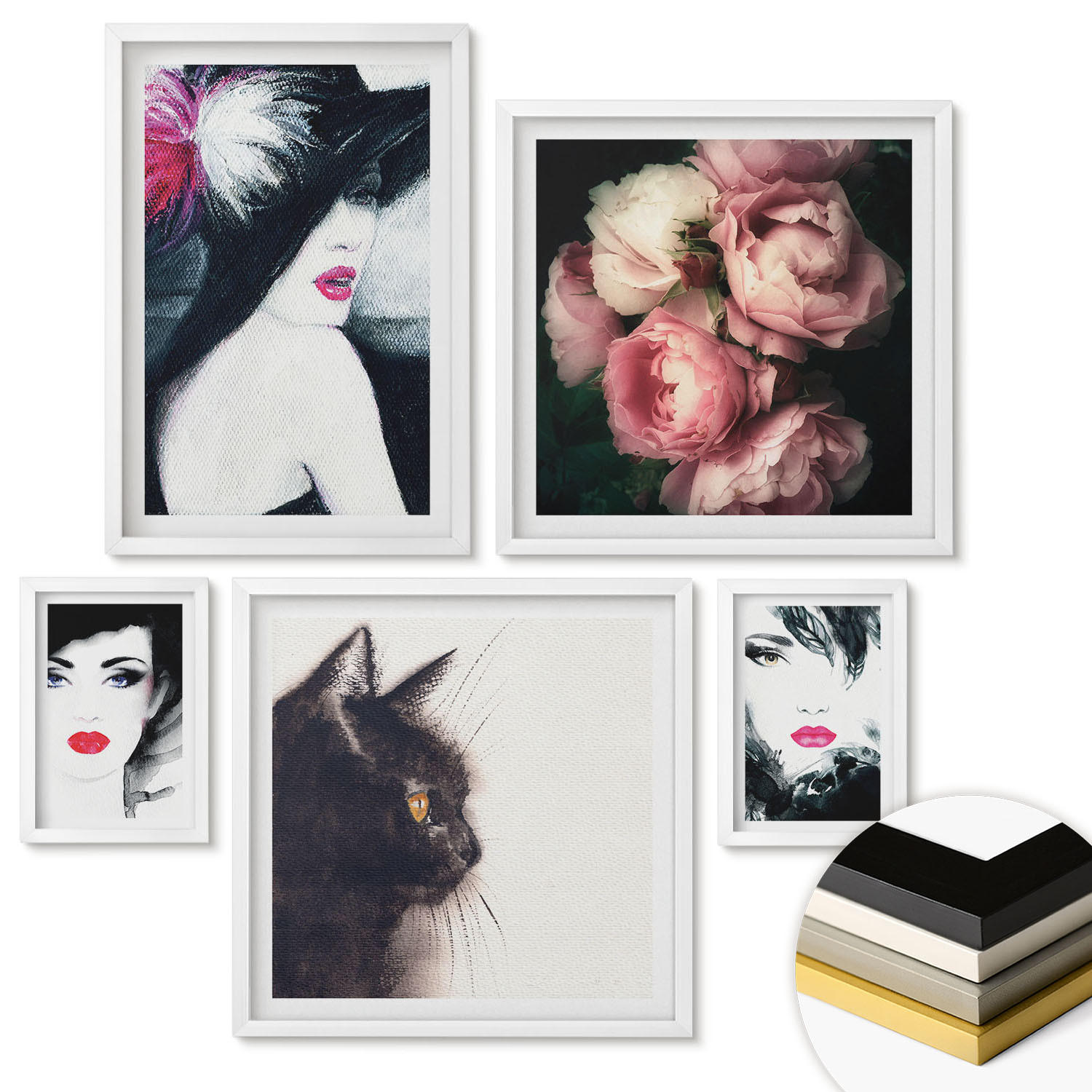 WANDBILDER 5er-Set - 50x50 cm & 20x30 cm & 40x60 cm Weißer Rahmen - Boho-Buch mit Muscheln - Weiß, Kunststoff (40/60cm) - ArtPrintCave