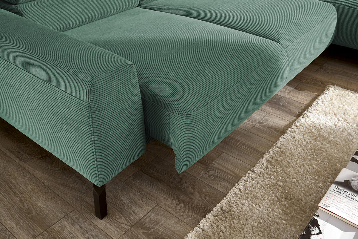 ECKSOFA MIT MOTORISCHEM SITZVORZUG DELIA Smaragdgrün Cord - Smaragdgrün/Schwarz, Textil/Metall (276/219cm) - KAWOLA