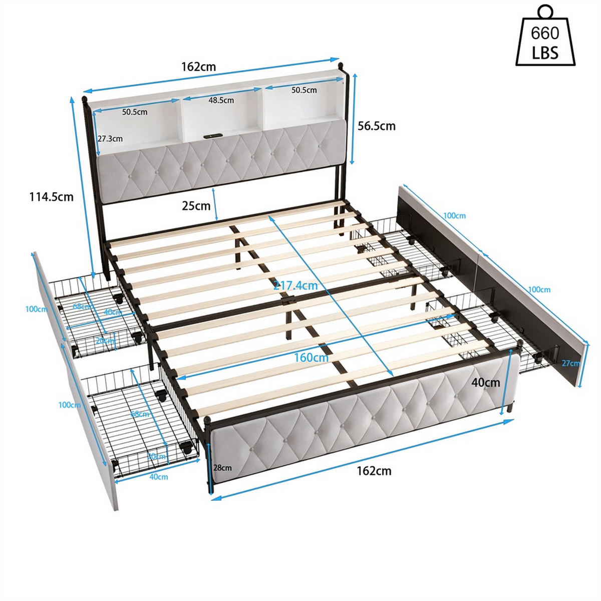 POLSTERBETT 160x200 cm mit 4 Schubladen - Kopfteil mit Stauraumfächern,USB&Type-C Ladestation und LED-Beleuchtung - Beige, Textil (160/200cm) - DELFA