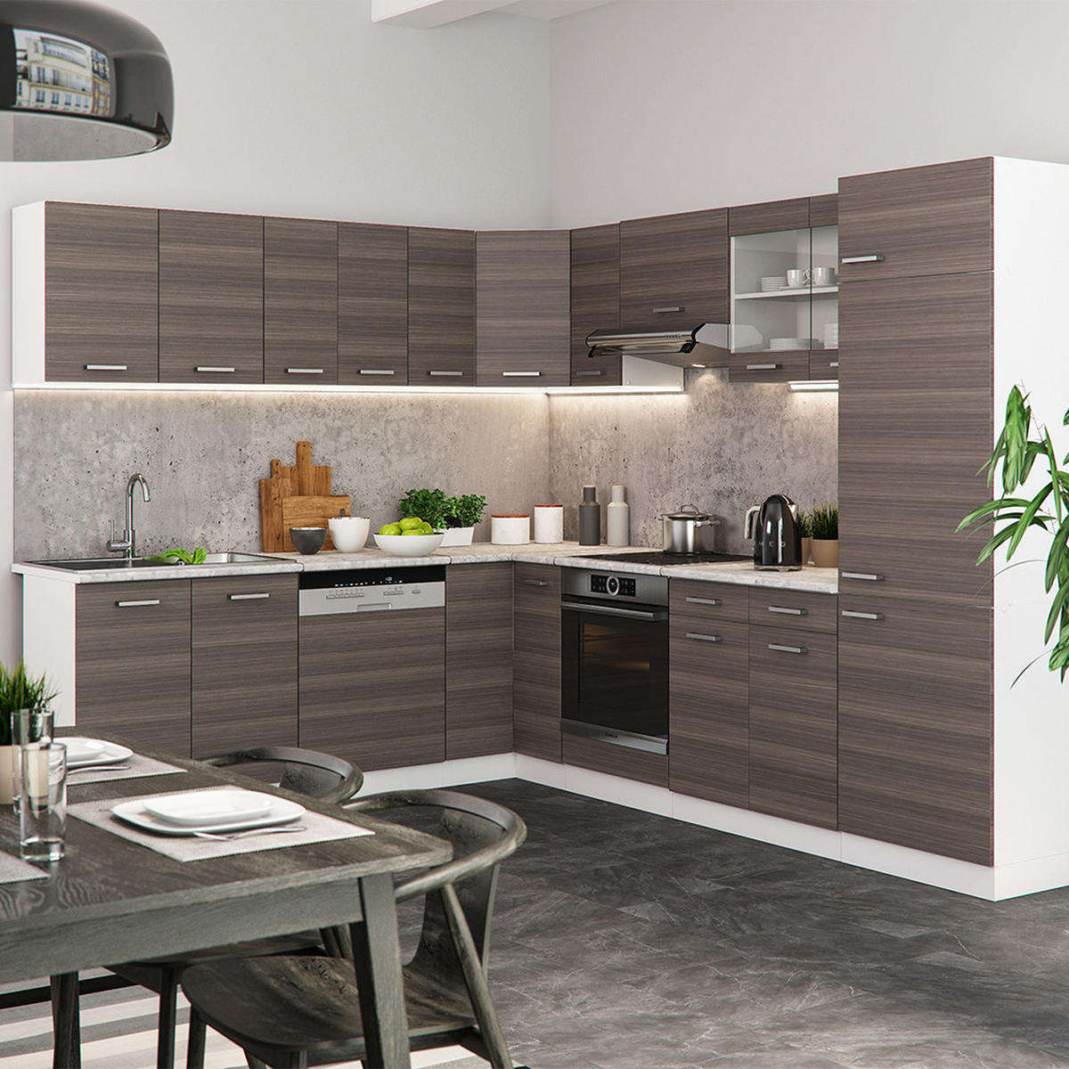 ECKKÜCHE R-Line Edelgrau/Weiß 227 x 287 cm, AP Eiche - Braun/Weiß, Holzwerkstoff (287/81.6/60cm) - Vicco