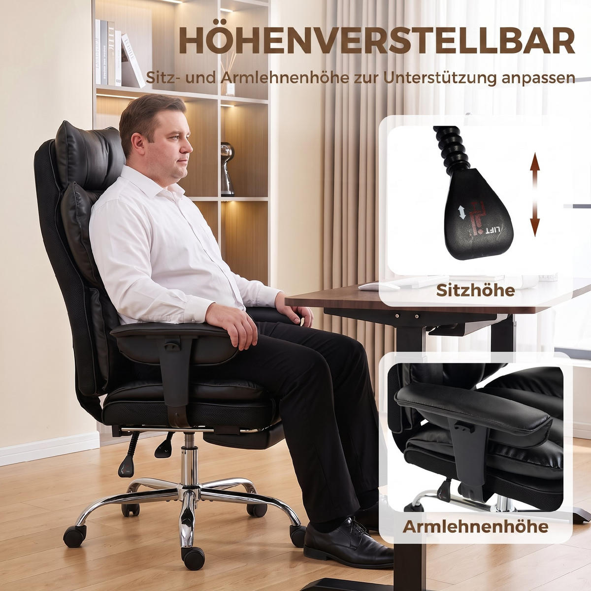 KONTORSSTOL för tung belastning i konstläder, svart - Svart/Silverfärgad, Läder/Träbaserade material (67/130/80cm) - HOMCOM