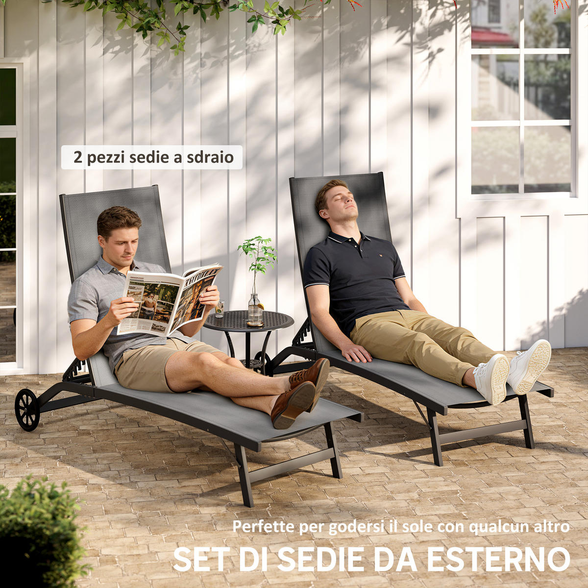 SONNENLIEGE 2er-Set Sonnenliegen mit verstellbarer Rückenlehne Dunkelgrau 66 x 165 x 102 cm - Grau, Metall (66/102/165cm) - Vallsero