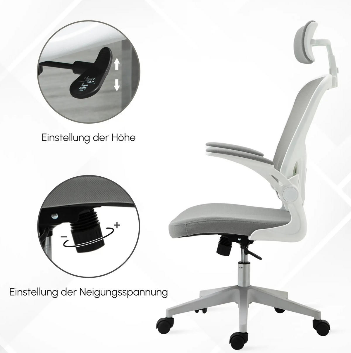 DREHSTUHL 65/64/114-122 cm, ergonomisch mit Kopfstütze und Netzrücken, grau - Grau, Kunststoff (64/122/65cm) - Redom